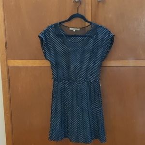 Silky Polka-Dot Dress with Sheer Lace Neckline